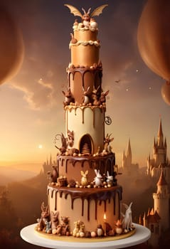 AI generated of a cake with chocolate and fantasy creatures on the table with castle and fairytale scene background