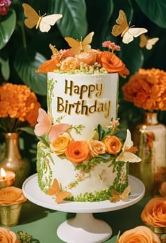 AI generated of a birthday cake with orange flowers, butterflies and the words happy birthday on it