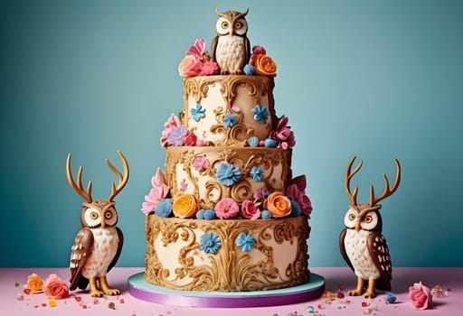AI generated of a three tiered cake with an owl on the top, flowers and two owls on the table