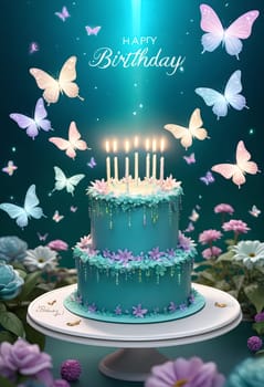 AI generated of a birthday cake and flowers on the blue background with the words happy birthday on it