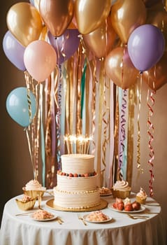 AI generated of a cake with candles, ribbons and balloons on top of a table
