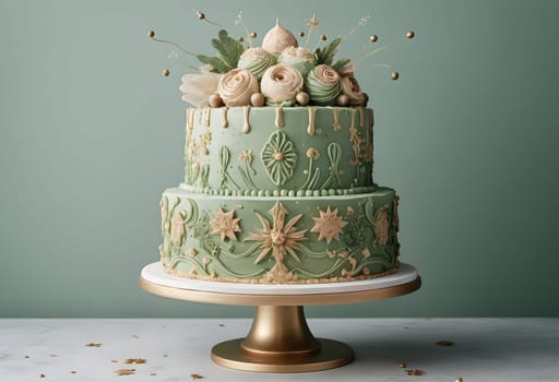 AI generated of a two tiered green cake with flowers on it and a gold stand decorations