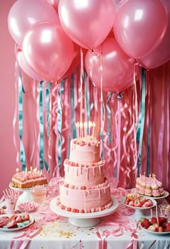 AI generated of a pink birthday cake on a pink table with pink balloons and ribbons decoration on the wall