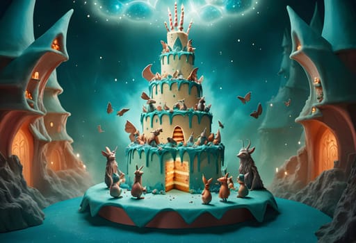 AI generated of a cake with many fantasy creatures on it and a castle in the fairy tale scene background
