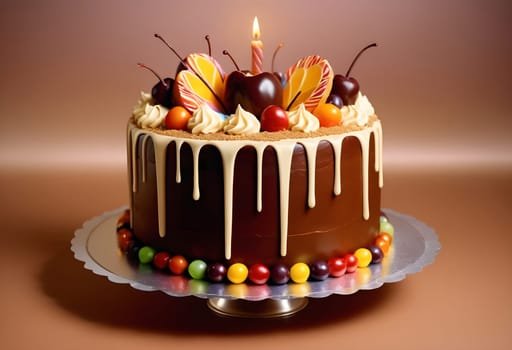 AI generated of a cake with chocolate icing, candy and candles on it