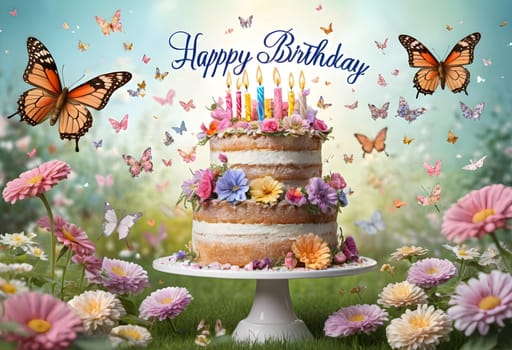 AI generated of a birthday cake with butterflies on the top and flowers on the garden scenery
