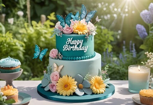AI generated of a blue birthday cake with flowers and butterflies on garden setting with sun shining
