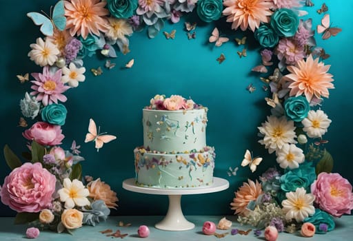 AI generated of a blue cake surrounded by flowers and butterflies