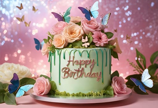 AI generated of a birthday cake with rose flowers and butterflies on pink blurred bokeh background