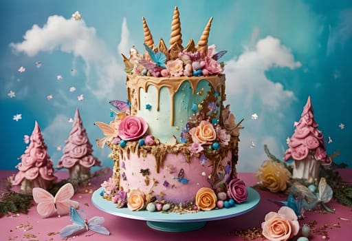 AI generated of a cake with a unicorn and flowers on it