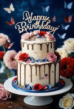 AI generated of happy birthday cake with flowers and butterflies
