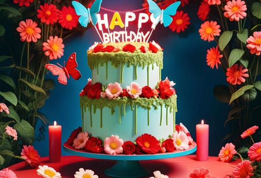 AI generated of a birthday cake with a sign that says happy birthday, flowers and butterflies on it