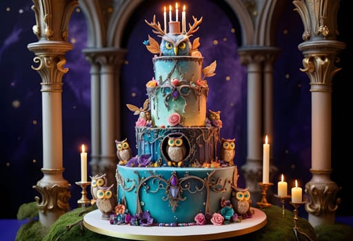 AI generated of a cake with a blue and green icing color on cake with owl on it