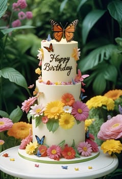 AI generated of a cake with butterflies and flowers on it, with green plants on the background