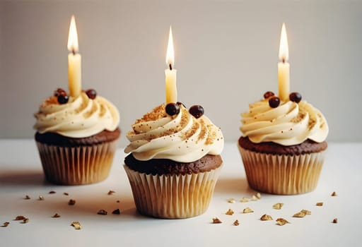 AI generated of three cupcakes with candles on top