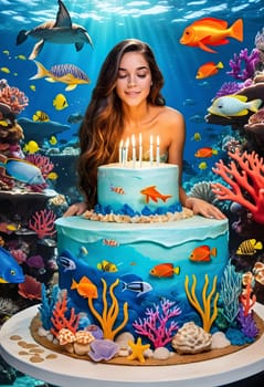 AI generated of a woman is sitting in front of a birthday cake with fish and coral