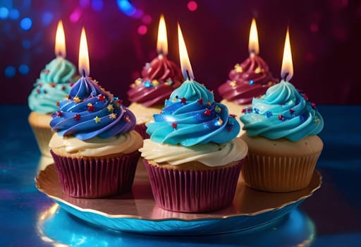 AI generated of a group of six cupcakes with blue frosting and candles on a plate