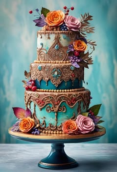 AI generated of a three tier cake with colorful flowers on top