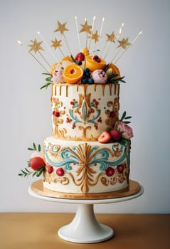 AI generated of a two layers cake with candles on top, fruits and stars