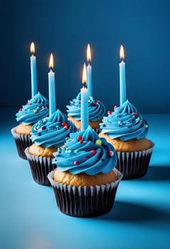 AI generated of a row of cupcakes with blue frosting with a blue candle on top