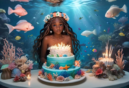 AI generated of a young girl in mermaid costume with long hair and a birthday cake under the sea