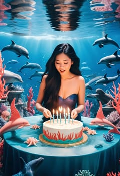 AI generated of a woman in a mermaid costume is sitting at a table with a birthday cake and dolphins