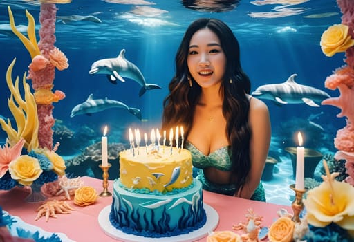 AI generated of an asian woman in a mermaid costume is sitting in front of a birthday cake