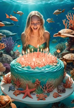 AI generated of a woman in a mermaid costume is sitting behind a birthday cake on the table with candles