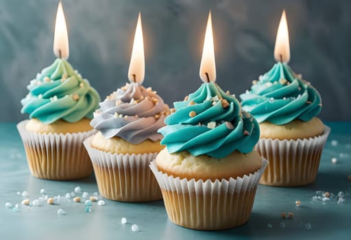 AI generated of four cupcakes with blue frosting and candles on the table