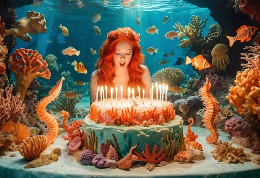AI generated of a woman with red hair and a birthday cake in the ocean