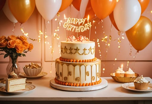 AI generated of a birthday cake with balloons, candles and a sign saying happy birthday