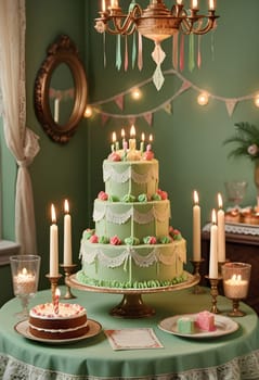 AI generated of a green cake on a green table with candles and birthday decorations