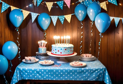 AI generated of a birthday cake with blue balloons and birthday candles on the table with vintage background