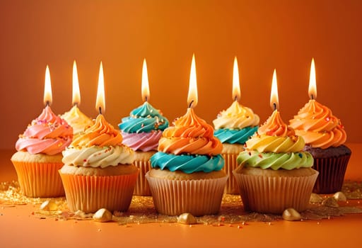 AI generated of a row of colorful cupcakes with birthday candles on it on orange background