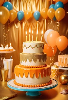 AI generated of a birthday cake with balloons, candles, birthday party decorations on it