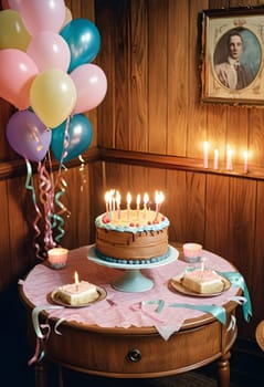 AI generated of a birthday cake with candles and birthday party decoration on a vintage background