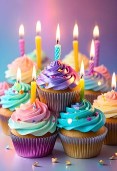 AI generated of a group of cupcakes with purple and blue frosting with a lit candle on it