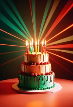 AI generated of a birthday cake with candles on it and laser lights on the background