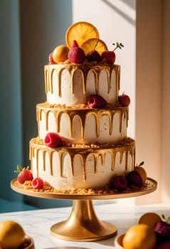 AI generated of a three tiered cake with fruit on a stand