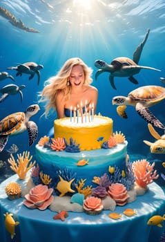 AI generated of a woman with red hair and a birthday cake in the ocean