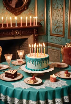 AI generated of a table with a cake and candles on it on vintage background scenery