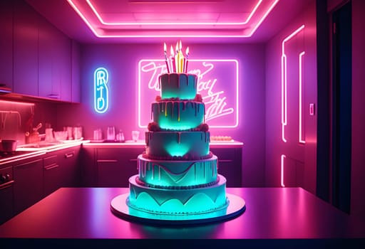 AI generated of a cake with neon lights on it in a kitchen