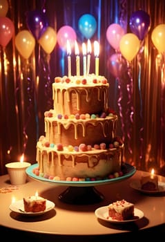 AI generated of a birthday cake with candles on a table with balloons and birthday party decoration on it