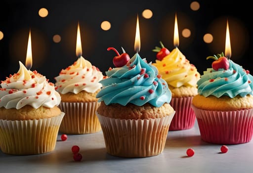 AI generated of a row of four cupcakes with blue frosting and a candle in the middle on bokeh background