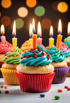 AI generated of a row of birthday cupcakes with colorful frosting and candles on the table with bokeh background