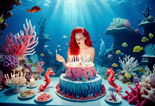 AI generated of a birthday cake with candles and a mermaid woman in front of a fish tank under the sea concept
