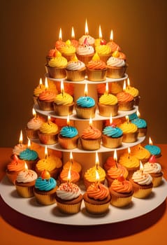 AI generated of a cake with many cupcakes on top of a cake stand and candles on them