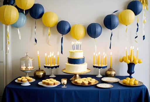 AI generated of a table with a birthday cake, candles, decoration and balloons