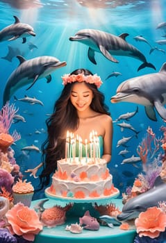 AI generated of a woman with a birthday cake surrounded by dolphins