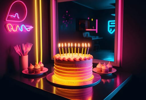 AI generated of a cake with lit candles and cupcakes on the table, surrounded by neon light ambience